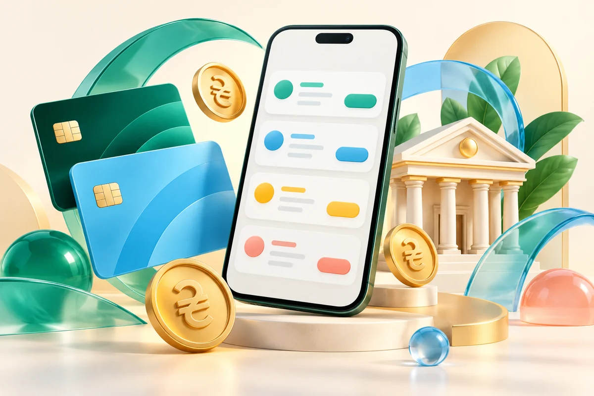 Ілюстрація порівняння фінансових пропозицій: смартфон, платіжні картки та символ гривні